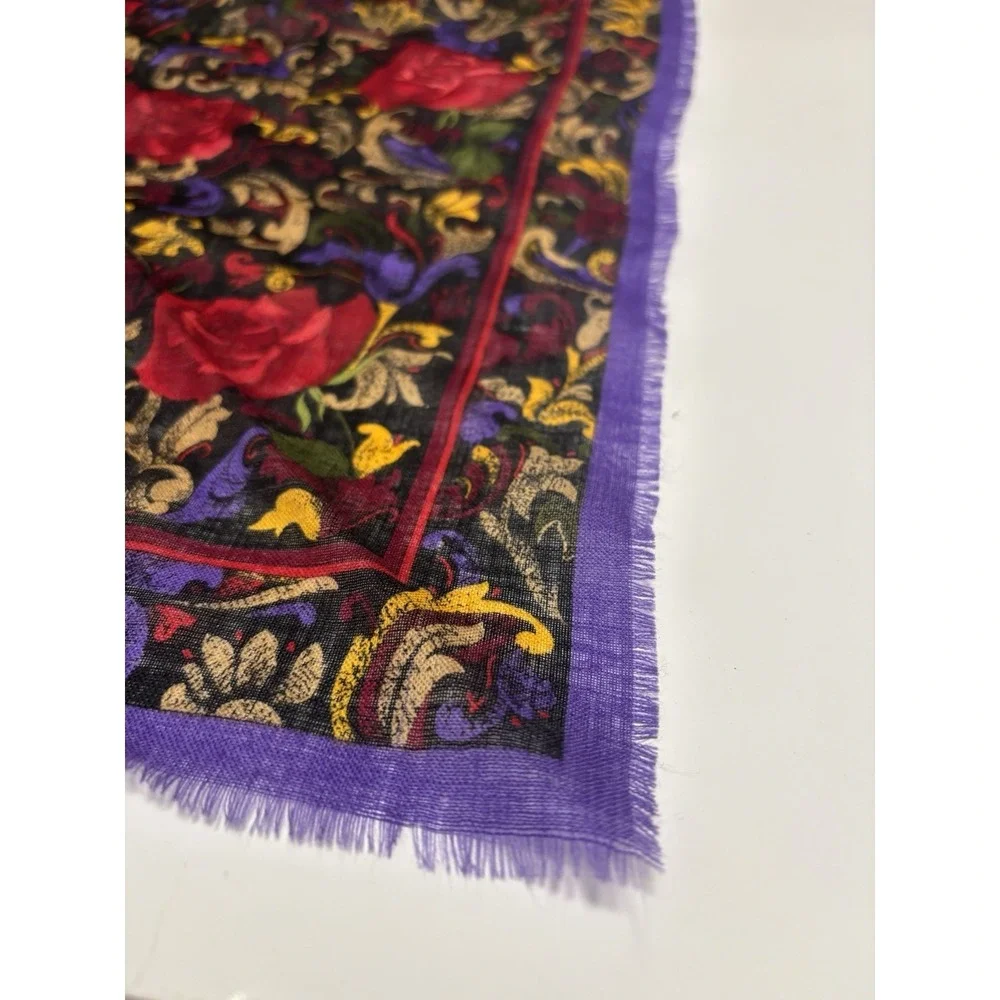 Vtg Oscar De La Renta Scarf Baroque Floral Print Roses Purple Red 29
